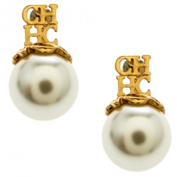 Pre Owned CH Carolina Herrera Logo Faux Pearl Gold Tone Earrings