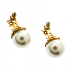 Pre Owned CH Carolina Herrera Logo Faux Pearl Gold Tone Earrings