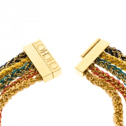 Pre Owned CH Carolina Herrera Logo Multicolored Woven Gold Tone Wide Bracelet 17cm