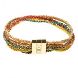 Pre Owned CH Carolina Herrera Logo Multicolored Woven Gold Tone Wide Bracelet 17cm