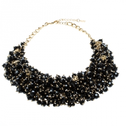Pre Owned CH Carolina Herrera Black Beads Gold Tone Statement Necklace