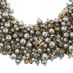 Pre Owned CH Carolina Herrera Grey Faux Pearl & Crystal Gold Tone Statement Necklace