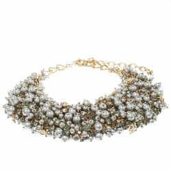 Pre Owned CH Carolina Herrera Grey Faux Pearl & Crystal Gold Tone Statement Necklace