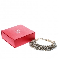 Pre Owned CH Carolina Herrera Grey Faux Pearl & Crystal Gold Tone Statement Necklace