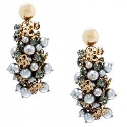 Pre Owned CH Carolina Herrera Grey Faux Pearl & Crystal Gold Tone Statement Dangle Earrings