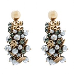 Pre Owned CH Carolina Herrera Grey Faux Pearl & Crystal Gold Tone Statement Dangle Earrings
