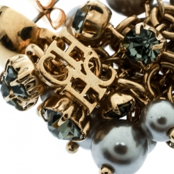 Pre Owned CH Carolina Herrera Grey Faux Pearl & Crystal Gold Tone Statement Dangle Earrings