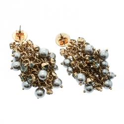 Pre Owned CH Carolina Herrera Grey Faux Pearl & Crystal Gold Tone Statement Dangle Earrings