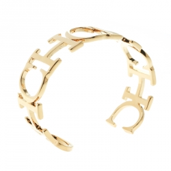 Pre Owned CH Carolina Herrera Logo Gold Tone Open Cuff Bracelet