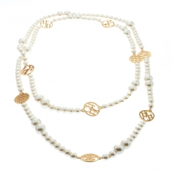 Pre Owned CH Carolina Herrera Faux Pearl Gold Tone Long Station Necklace