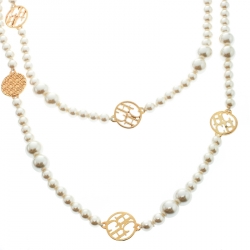 Pre Owned CH Carolina Herrera Faux Pearl Gold Tone Long Station Necklace