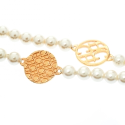 Pre Owned CH Carolina Herrera Faux Pearl Gold Tone Long Station Necklace