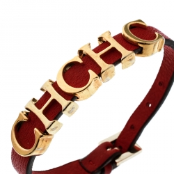Pre Owned CH Carolina Herrera Red Leather Gold Tone Logo Charm Bracelet