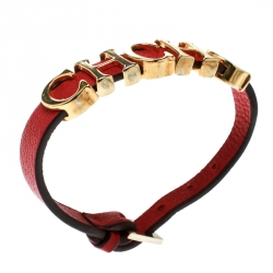 Pre Owned CH Carolina Herrera Red Leather Gold Tone Logo Charm Bracelet