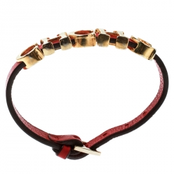 Pre Owned CH Carolina Herrera Red Leather Gold Tone Logo Charm Bracelet