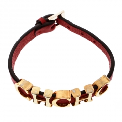 Pre Owned CH Carolina Herrera Red Leather Gold Tone Logo Charm Bracelet