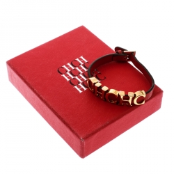 Pre Owned CH Carolina Herrera Red Leather Gold Tone Logo Charm Bracelet