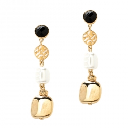 Pre Owned CH Carolina Herrera Crystal Faux Pearl Gold Tone Dangle Earrings