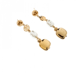 Pre Owned CH Carolina Herrera Crystal Faux Pearl Gold Tone Dangle Earrings