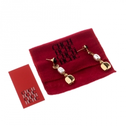 Pre Owned CH Carolina Herrera Crystal Faux Pearl Gold Tone Dangle Earrings