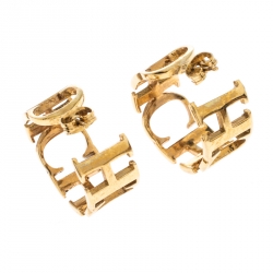 Pre Owned CH Carolina Herrera Logo Gold Tone Hoop Earrings