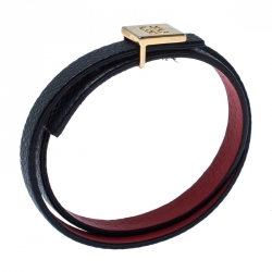 Pre Owned CH Carolina Herrera Navy Blue Leather Gold Tone Double Wrap Bracelet