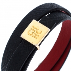 Pre Owned CH Carolina Herrera Navy Blue Leather Gold Tone Double Wrap Bracelet