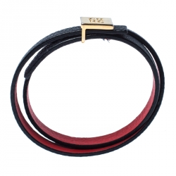 Pre Owned CH Carolina Herrera Navy Blue Leather Gold Tone Double Wrap Bracelet