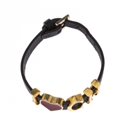 Pre Owned CH Carolina Herrera Brown Leather Gold Tone Heart Logo Charm Bracelet