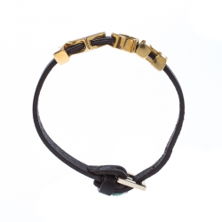 Pre Owned CH Carolina Herrera Brown Leather Gold Tone Heart Logo Charm Bracelet