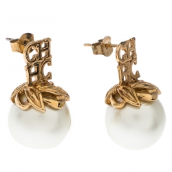 Pre Owned CH Carolina Herrera Logo Pearl Gold Tone Metal Earrings