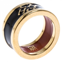 CH Carolina Herrera Logo Black Enamel Gold Tone Band Ring Size 54.5