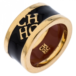 CH Carolina Herrera Logo Black Enamel Gold Tone Band Ring Size 54.5