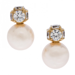 Pre Owned CH Carolina Herrera Crystal & Faux Pearl Gold Plated Drop Earrings