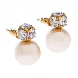 Pre Owned CH Carolina Herrera Crystal & Faux Pearl Gold Plated Drop Earrings