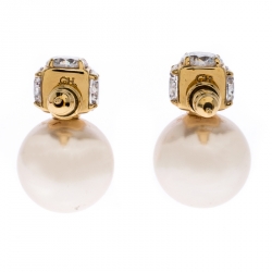 Pre Owned CH Carolina Herrera Crystal & Faux Pearl Gold Plated Drop Earrings
