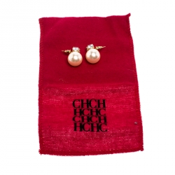 Pre Owned CH Carolina Herrera Crystal & Faux Pearl Gold Plated Drop Earrings