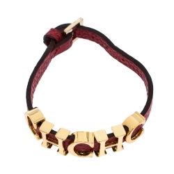 Pre Owned CH Carolina Herrera Red Leather Gold Tone Logo Charm Bracelet