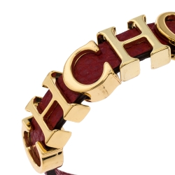 Pre Owned CH Carolina Herrera Red Leather Gold Tone Logo Charm Bracelet