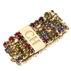 Pre Owned CH Carolina Herrera Multicolor Crystal Gold Tone Band Ring Size 58