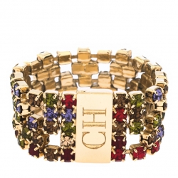 Pre Owned CH Carolina Herrera Multicolor Crystal Gold Tone Band Ring Size 58