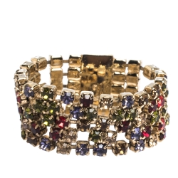Pre Owned CH Carolina Herrera Multicolor Crystal Gold Tone Band Ring Size 58