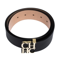 Pre Owned Carolina Herrera Black Leather CHHC Buckle Belt 95CM