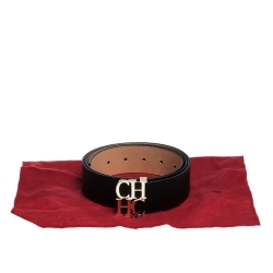 Pre Owned Carolina Herrera Black Leather CHHC Buckle Belt 95CM