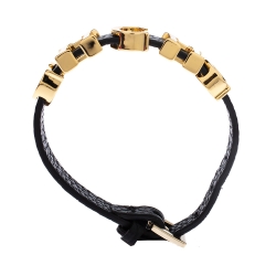 Pre Owned CH Carolina Herrera Black Leather Gold Tone Logo Charm Bracelet