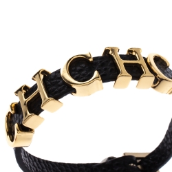 Pre Owned CH Carolina Herrera Black Leather Gold Tone Logo Charm Bracelet