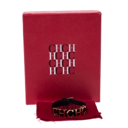 Pre Owned CH Carolina Herrera Black Leather Gold Tone Logo Charm Bracelet