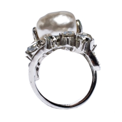 Pre Owned CH Carolina Herrera Crystal Faux Pearl Silver Tone Bypass Ring Size 56