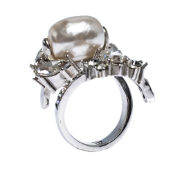 Pre Owned CH Carolina Herrera Crystal Faux Pearl Silver Tone Bypass Ring Size 56