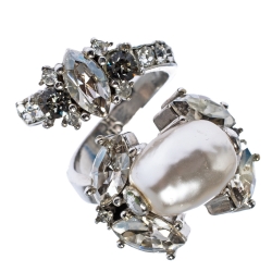 Pre Owned CH Carolina Herrera Crystal Faux Pearl Silver Tone Bypass Ring Size 56